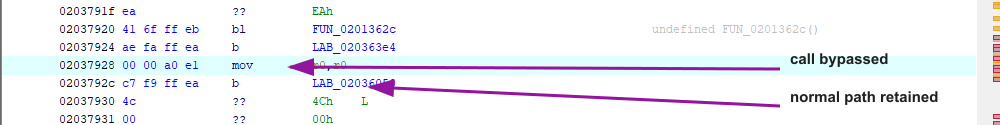 The bypassed expiry call and retained normal branch, annotated with direct pointers.