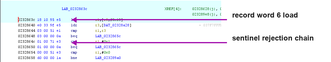 Instruction view with straight arrows marking the SDK hook record load and sentinel checks.